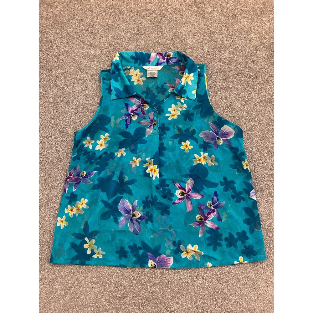 Secret Treasures Pajama Top Womens Large Teal Floral Sleeveless Burnout Top
